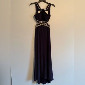 Betsy & Adam Navy Formal Maxi Dress with Gold Accents